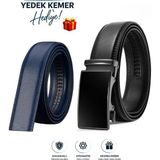 Otomatik Tokalı Deliksiz Siyah Kemer + Yedek Lacivert Kemer Hediye - 110 cm - Siyah - Lacivert