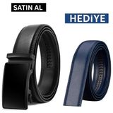 Otomatik Tokalı Deliksiz Siyah Kemer + Yedek Lacivert Kemer Hediye - 120 cm - Siyah - Lacivert