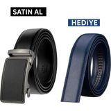 Otomatik Tokalı Deliksiz Siyah Kemer + Yedek Lacivert Kemer Hediye - 130 cm - Siyah - Lacivert