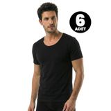 Öts 6'lı Erkek T-Shirt Açık Yaka Yarım Kollu (%100 Pamuk) - Siyah - 2XL