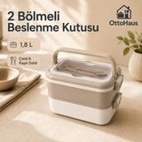 Otto Haus 2 Bölmeli Beslenme Kutusu Çatal Kaşık Setli, Katlanır Saplı Kilitli Lunch Box, 1,8 L - Bej