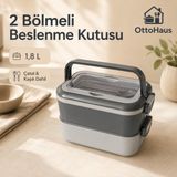 Otto Haus 2 Bölmeli Beslenme Kutusu Çatal Kaşık Setli, Katlanır Saplı Kilitli Lunch Box, 1,8 L - Gri