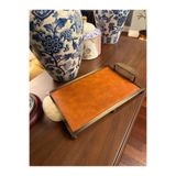 ottolamp Deri Taba Renk Sunum Tepsisi – Pirinç Eskitme Metal Çerçeveli Dekoratif Tepsi 36x20 cm