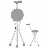 Oturaklı Baston Katlanabilir Yürüme Bastonu, Hafif Alüminyum Gövdeli Tabure Baston, Ergonomik Saplı Kaymaz Lastik Tabanlı 85 KG Kapasiteli Açık Gri Oturaklı Yaşlı Hasta Dinlenme Sandalyesi