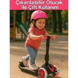 Oturaklı ve Çıkarılabilen Çocuk Scooter-Led Işıklı-3 Tekerlekli - Pembe