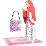 Oulabi Mir Kız Çocuk Namaz Elbisesi 4 Parçalı Seccadeli ve Çantalı Eteği Kelebek Baskılı - 4 - 5 Yaş - Somon