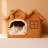 Oumo Kedi Evi Peluş Kapalı Kedi Yatağı Minderli Katlanır (Camel) - Option-1