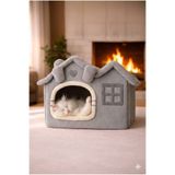 Oumo Villa Kedi Evi Peluş Kapalı Kedi Yatağı Minderli Katlanır Kedi Evi L Boy 44x34x42
