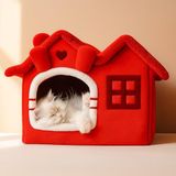 Oumo Villa Kedi Evi Peluş Kapalı Kedi Yatağı Minderli Katlanır (Kırmızı)