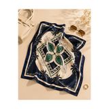 OUS Kadın Koyu Lacivert Yeşil Doğa Desenli 70x70 cm Saten Fular, Kare Boyun Fuları Saç ve Çanta Aksesuarı