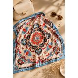 OUS Kadın Turkuaz Mavi Kırmızı Doğa Desenli 70x70 cm Saten Fular, Kare Boyun Fuları Saç ve Çanta Aksesuarı