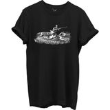 Outdoor Avcılık Avcı ve Tazı Köpek Desenli %100 Pamuk Regular Fit Bisiklet Yaka Unisex T-Shirt - Siyah - XL