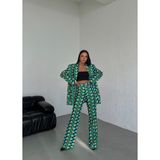 Ouz Fashion Kadın Torba Cepli Vatkalı Şal Yaka Dijital Baskılı Ceket - 02Y-Yeşil - M
