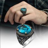 Oval Aqua Mavi Taşlı 925 Gümüş Erkek Yüzük