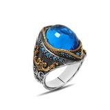 Oval Aqua Zirkon Taşlı Kompakt Tasarım 925 Ayar Gümüş Erkek Yüzük