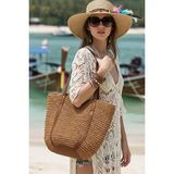 Oval Deri Tabanlı Deri ve Hasır Saplı Çıtçıtlı Astarlı Yumuşak Sahil Plaj Beach Ithal Hasır Çanta - Camel