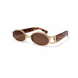 Oval Güneş Gözlüğü, Kahverengi Lens, Altın Metal Çerçeve, Leopar Desenli Kollar