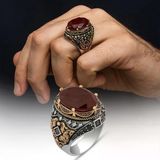 Oval Kırmızı Paraiba Taşlı 925 Gümüş Erkek Yüzük