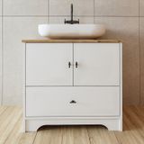 Oval Lavabolu Ayaklı 2 Kapaklı Çekmeceli Mdf 80 Cm Banyo Dolabı Atlantik Çam - Beyaz