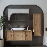 Oval Lavabolu Mat Mdf 120 cm Çekmeceli Banyo Dolabı + Aynalı Üst Dolabı + Boy Dolabı - Atlantik Çam