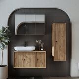 Oval Lavabolu Mat Mdf 90 cm Çekmeceli Banyo Dolabı + Aynalı Üst Dolabı + Boy Dolabı - Atlantik Çam