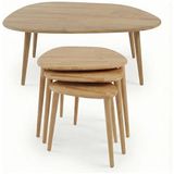 Oval Masif Doğal Ahşap Orta Sehpa ve 3'lü Yan Sehpa Set | Asimetrik Modern Iskandinav Tasarım - Açık Meşe
