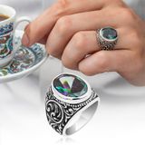 Oval Mistik Topaz Taşlı 925 Gümüş Erkek Yüzük