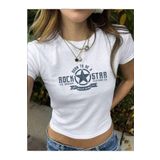 OVER HEAD Kadın Beyaz Rock Star Baskılı Baby Tee Crop T-shirt