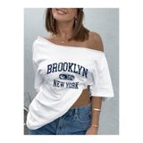 OVER HEAD Kadın Brooklyn 1631 Baskılı Kayık Yaka Düşük Omuz %100 Pamuk T-shirt