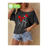 OVER HEAD Kadın Gelincik Çiçek Baskılı Kayık Yaka Düşük Omuz %100 Pamuk T-shirt