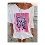 OVER HEAD Kadın Sardalya Baskılı Kayık Yaka Düşük Omuz %100 Pamuk T-shirt