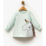 Overdo BeU Kids OV-7259 Kız Çocuk Unicorn Desenli Pamuklu Rahat Kesim Elbise - 2 Yaş - Mint Yeşili