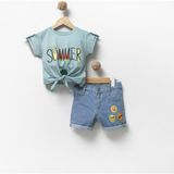 Overdo Kız Çocuk 1-4 Yaş Kot Şort Nakış Süslü Yeşil T-Shirt 2'Li Takım - 1 Yaş