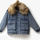 Overdo Kız Çocuk Kürk Yakalı Peluşlu Oversize Baskılı Kot Mont Ceket