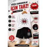 Overmax Örümcek Ağ Baskılı Çocuk Takım – Tişört & Şort 2’li Kombin | 1-12 Yaş Trend Yazlık Takım - 7 - 8 Yaş - Beyaz