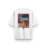Overoz Beyaz Oversize Distant Sürreal Sırt Baskılı Oversize Yazılı Unisex Tişört 1348, S