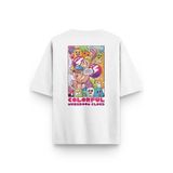 Overoz Beyaz Oversize Tshirt Karikatür Sticker Sırt Baskılı Oversize Yazılı Unisex Tişört 1308, XL