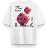 Overoz Beyaz Oversize Tshirt Try Your Luck Sırt Baskılı T-Shirt Oversize Yazılı Unisex Tişört 1216