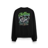 Overoz Chilling Takılan Astronot Sırt Baskılı Siyah Oversize Sweatshirt S1223, L