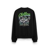 Overoz Chilling Takılan Astronot Sırt Baskılı Siyah Oversize Sweatshirt S1223, S