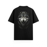 Overoz Erkek / Kadın Siyah Yarı Oversize Tişört Kurt Sırt Baskılı T-shirt Kurt Baskılı Tshirt 1437