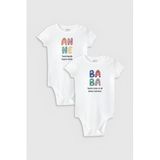 Overoz Organik%100 Pamuk Anne Baba Baskılı 2'li Bebek Body Set Beyaz Çıtçıtlı Badi Zıbın Ikili 5179-5180, 12-18 AY