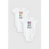 Overoz Organik%100 Pamuk Anne Baba Baskılı 2'li Bebek Body Set Beyaz Çıtçıtlı Badi Zıbın Ikili 5179-5180, 9-12 Ay