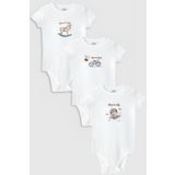 Overoz Organik%100 Pamuk At Araba Uçak 3'lü Bebek Body Set Beyaz Badi Çıtçıtlı Zıbın Üçlü 5790-5791-5792, 6-9 AY