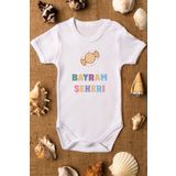 Overoz Organik%100 Pamuk Bayram Şekeri Yazılı Bebek Body Beyaz Çıtçıtlı Badi Zıbın 5208, 9-12 Ay