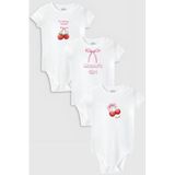 Overoz Organik%100 Pamuk Çilek Kiraz 3'lü Bebek Body Set Beyaz Badi Çıtçıtlı Zıbın Üçlü 5798-5799-5800, 18-24 AY