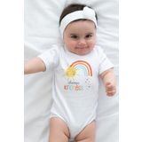 Overoz Organik%100 Pamuk Gökkuşağı Kindness Baskılı Kısa Kollu Bebek Çıtçıtlı Body Badi Zıbın Tulum 5443, 0-3 AY