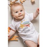 Overoz Organik%100 Pamuk Good Vibes Baskılı Kısa Kollu Bebek Çıtçıtlı Body Badi Zıbın Tulum 5387, 9-12 Ay