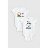 Overoz Organik%100 Pamuk Google Anne Baba 2'li Bebek Body Set Beyaz Badi Çıtçıtlı Zıbın Ikili 5174-5130, 0-3 AY