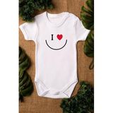 Overoz Organik%100 Pamuk Gülen Yüz Smiley Baskılı Kısa Kollu Bebek Çıtçıtlı Body Badi Zıbın Tulum 5366, 6-9 AY